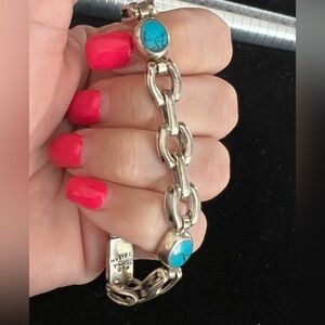 TAXCO 925 STERLING SILVER VINTAGE TURQUOISE BRACELET.